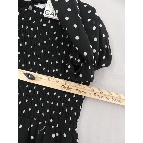 Ganni Dress 4 Mini Smocked Crepe Lined 36 Polka Dot Black White NEW - Picture 5 of 8